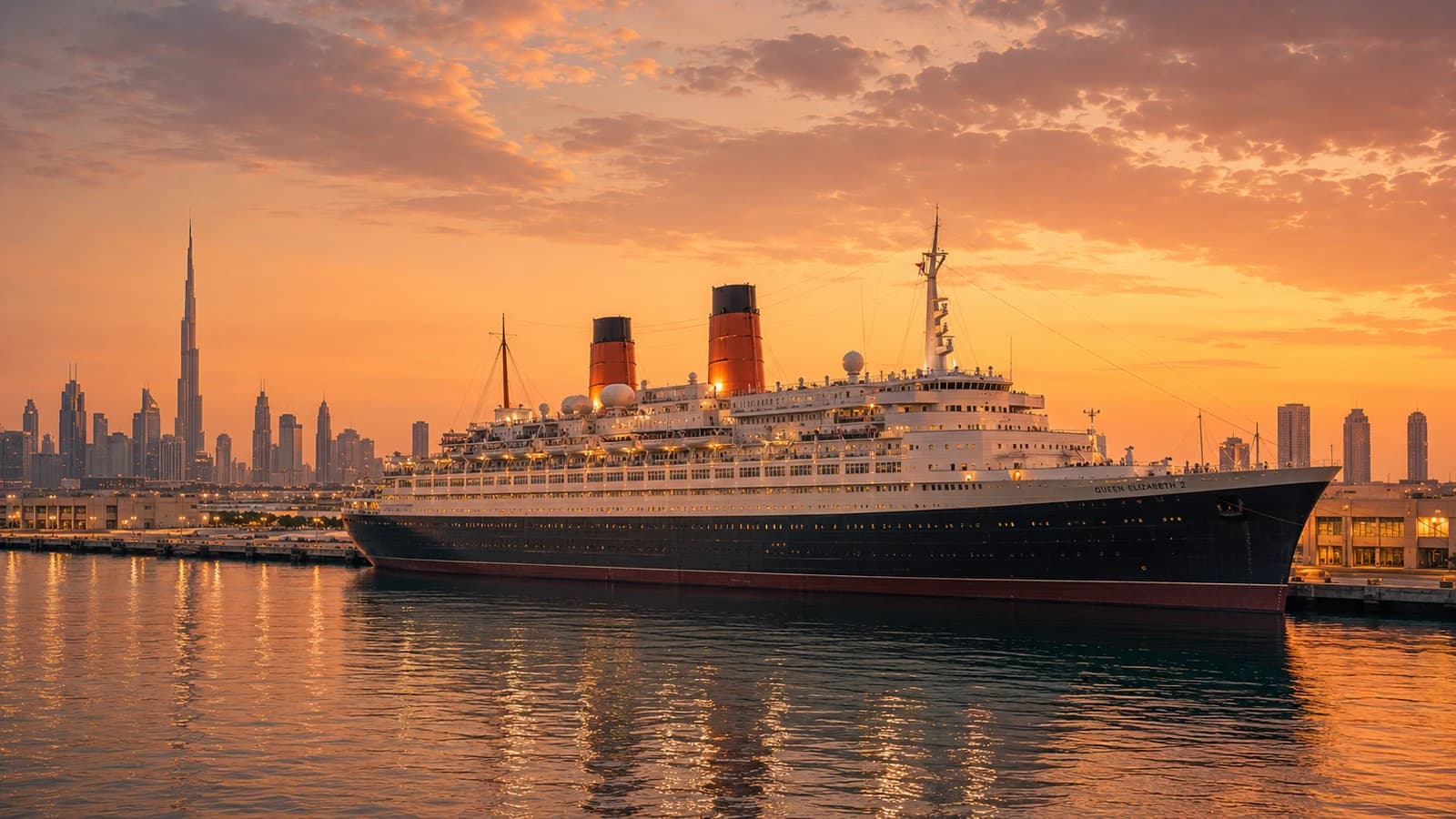 The QE2 ship hosting DUQE Free Zone at Mina Rashid Dubai at golden hour