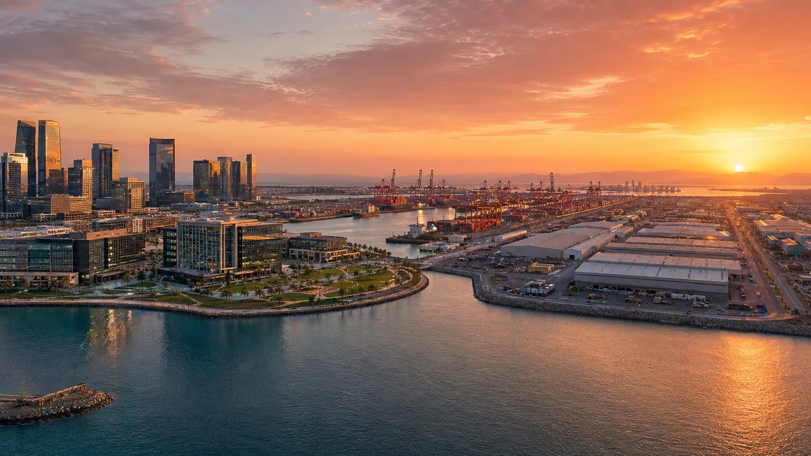 Aerial view of a UAE free zone business district with modern towers and the Arabian Gulf