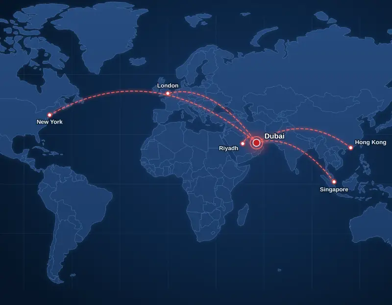 World map showing international company formation routes between Dubai, London, New York, Riyadh, Singapore and Hong Kong