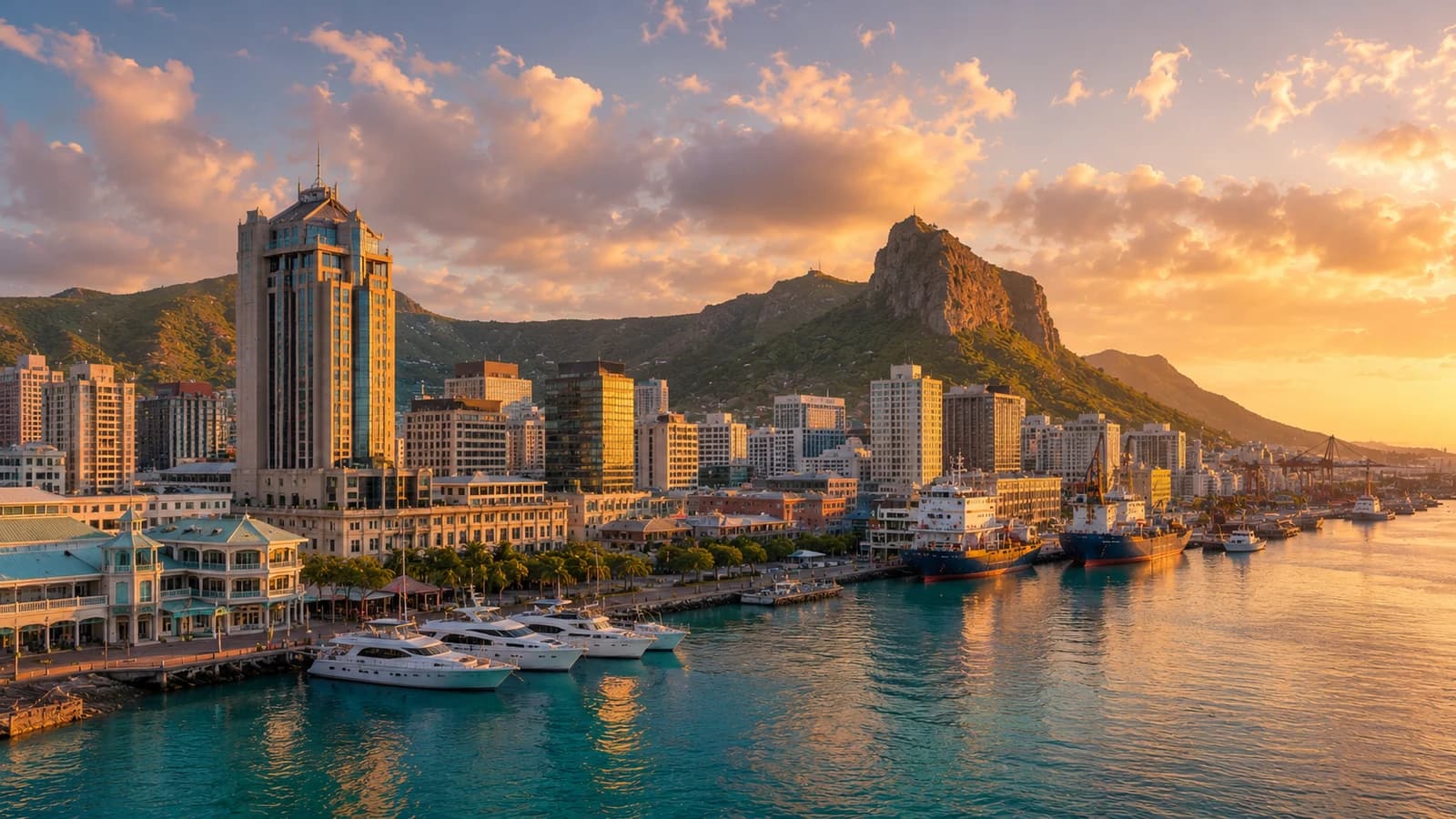 Port Louis Mauritius financial district at golden hour