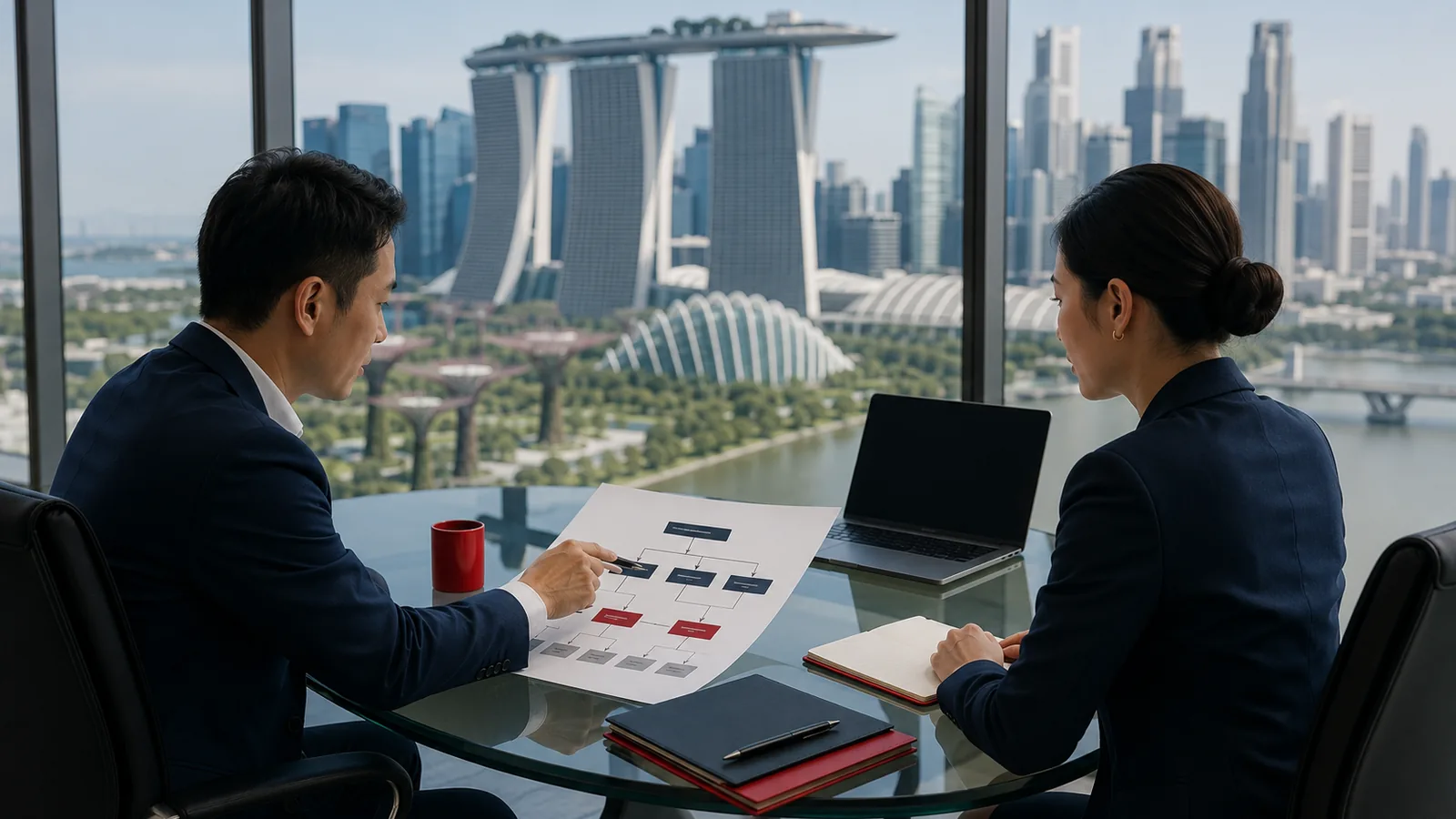 Avyanco advisor reviewing a Singapore Pte Ltd structure with the Marina Bay skyline behind