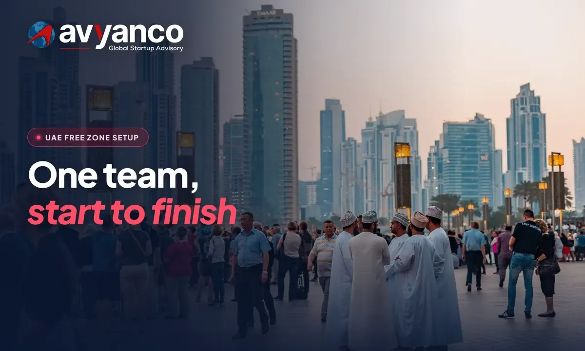 Avyanco graphic reading One team, start to finish for UAE free zone setup, over a crowd in front of Dubai towers