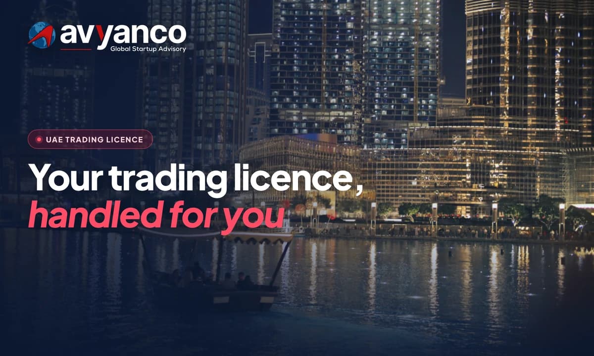 Avyanco graphic reading Your trading licence, handled for you, over the Downtown Dubai skyline at night