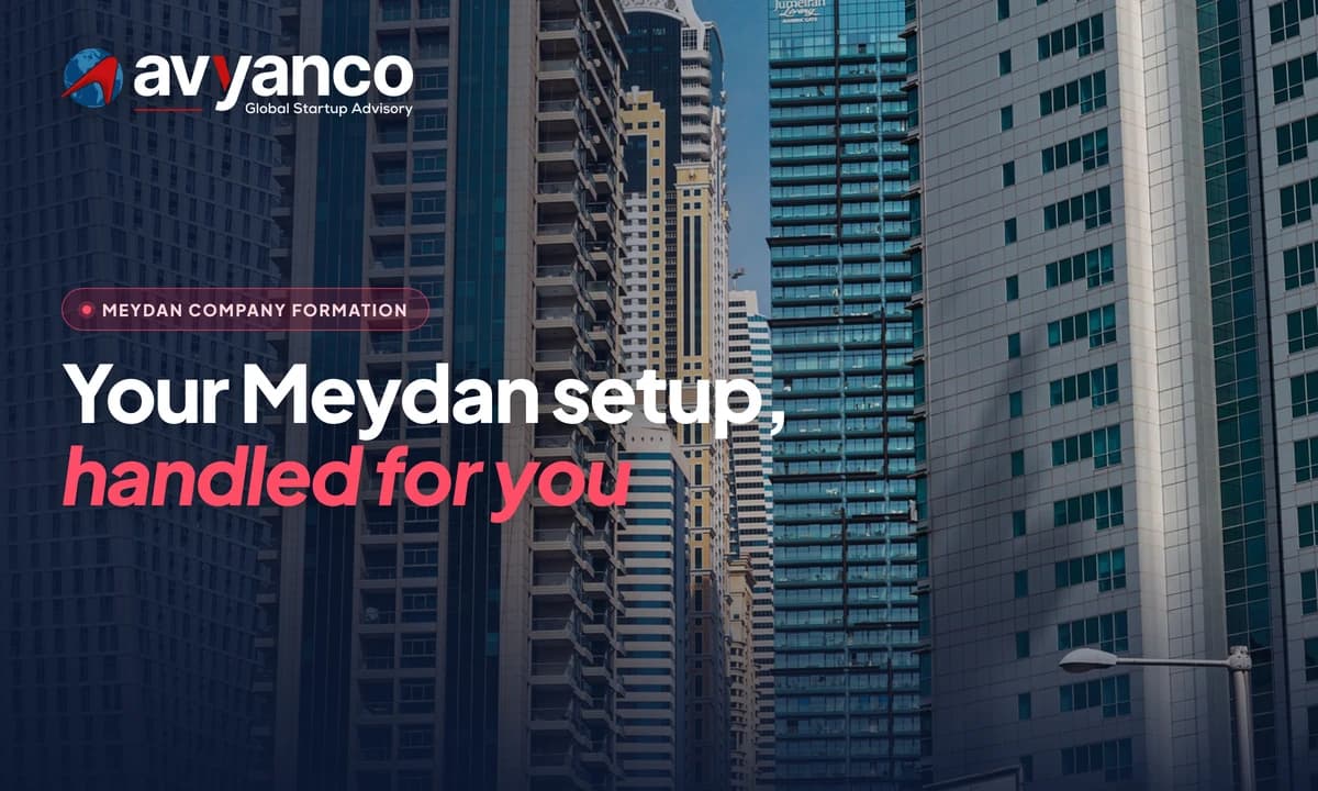 Avyanco graphic reading Your Meydan setup, handled for you, over Dubai high-rise towers