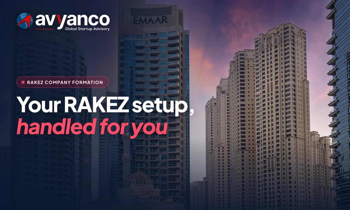 Avyanco graphic reading Your RAKEZ setup, handled for you, over residential towers in Dubai at dusk