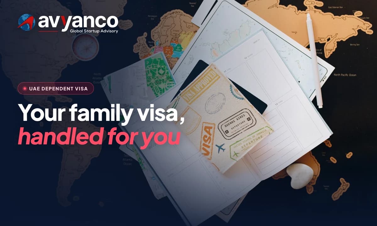Avyanco graphic reading Your family visa, handled for you, over a passport with visa stamps on a world map