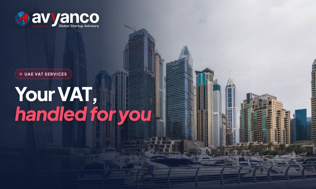 Avyanco graphic reading Your VAT, handled for you, over the Dubai Marina skyline and yacht harbour