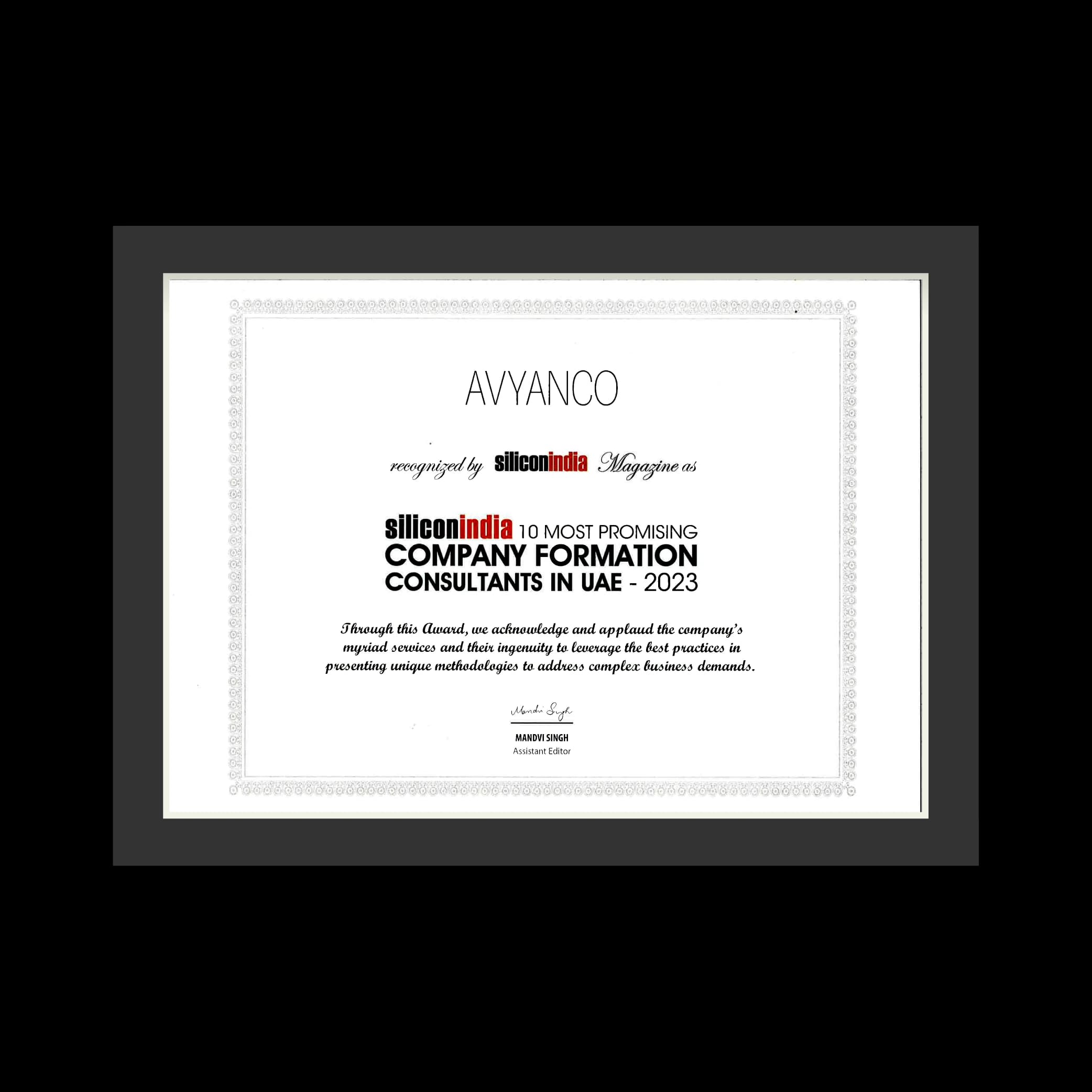 SiliconIndia — 10 Most Promising Company Formation Consultants in UAE, 2023 awarded to Avyanco