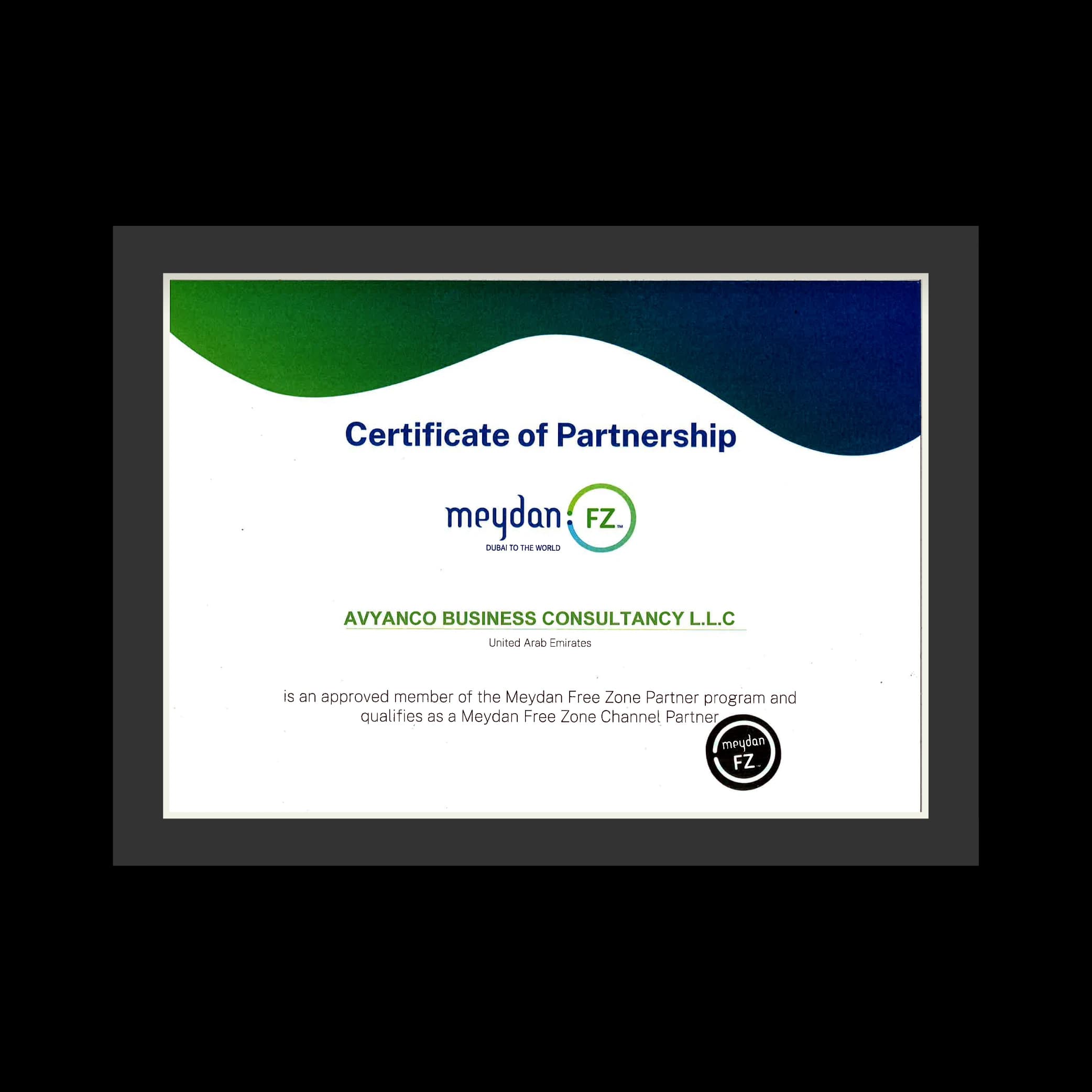 Meydan Free Zone — Certificate of Partnership — Channel Partner awarded to Avyanco