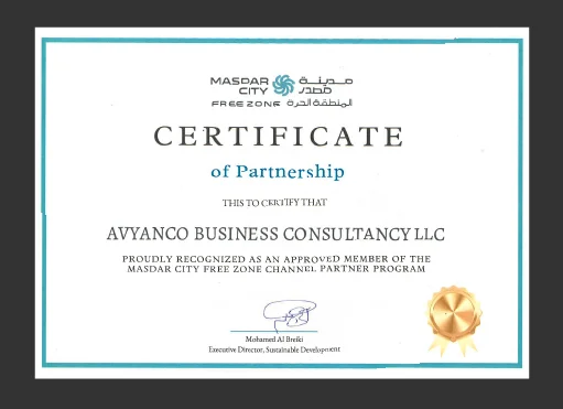 Masdar City Free Zone — Certificate of Partnership — Channel Partner Program awarded to Avyanco
