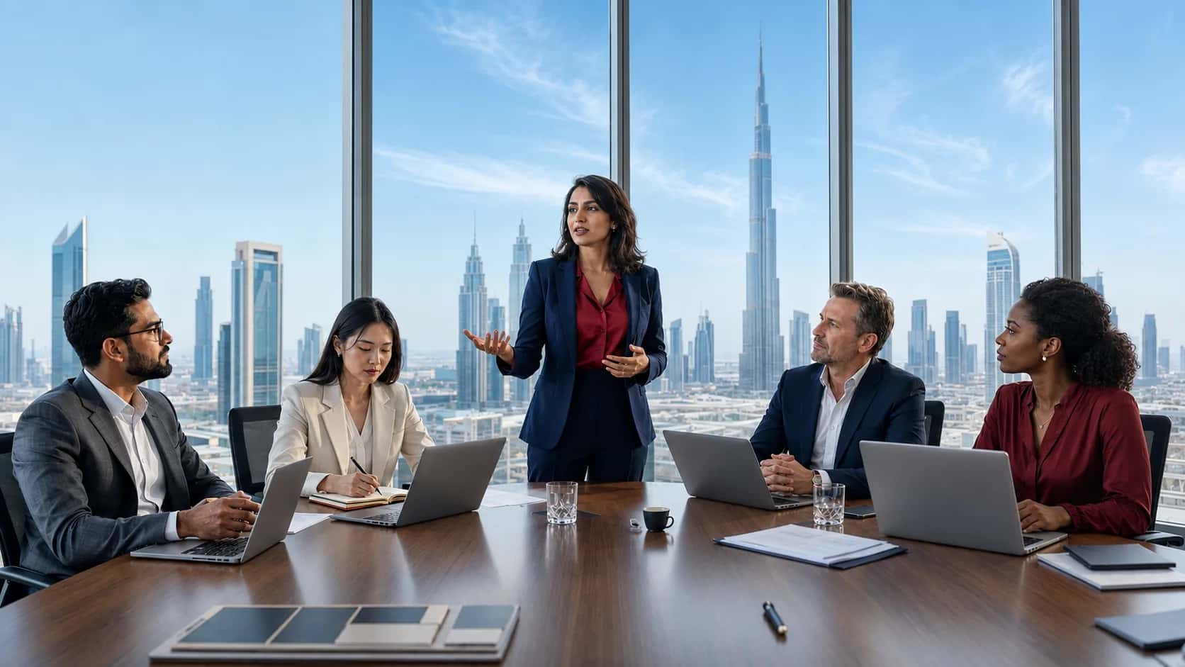 Avyanco advisory team in a Dubai boardroom with Burj Khalifa skyline