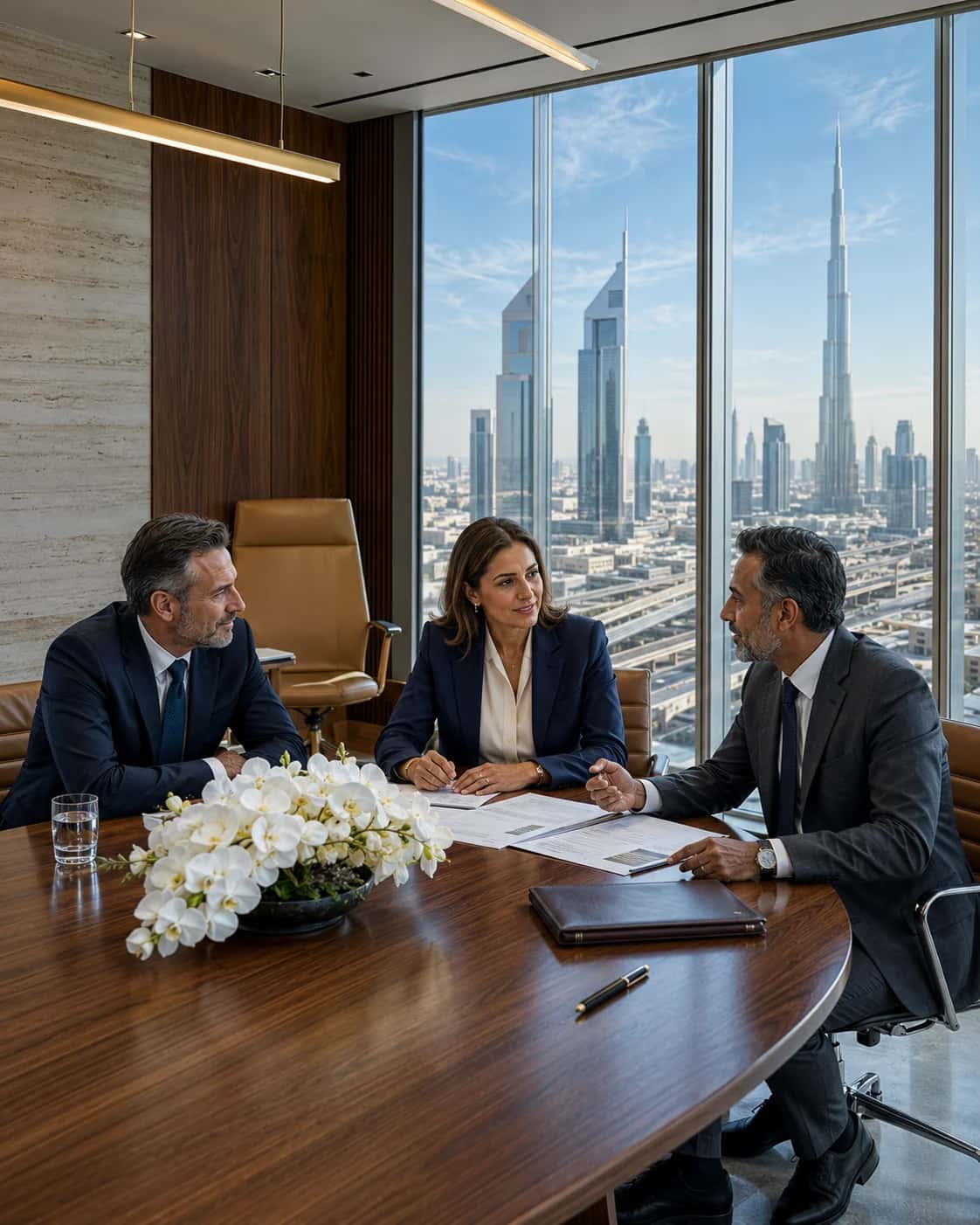 Avyanco partners in a Dubai boardroom with Burj Khalifa visible through the windows