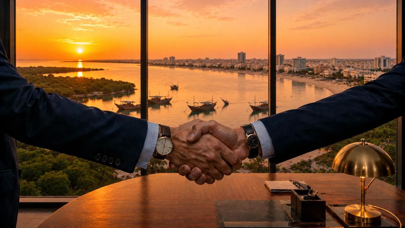 Handshake closing an Umm Al Quwain mainland company formation engagement with the UAQ lagoon and mangroves behind
