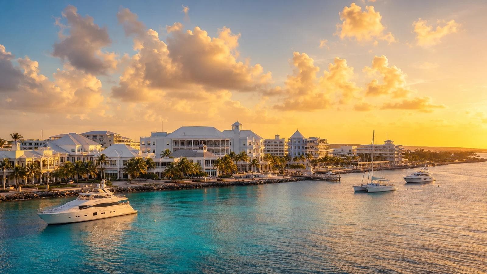 Grand Cayman financial district at golden hour