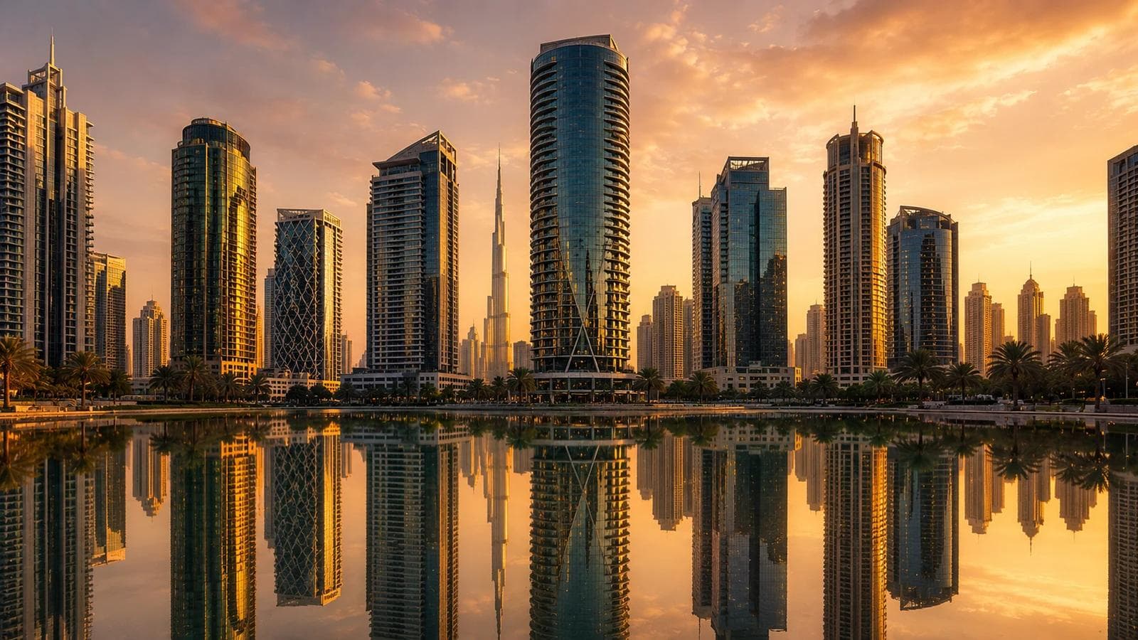 DMCC and the Jumeirah Lakes Towers cluster in Dubai at golden hour