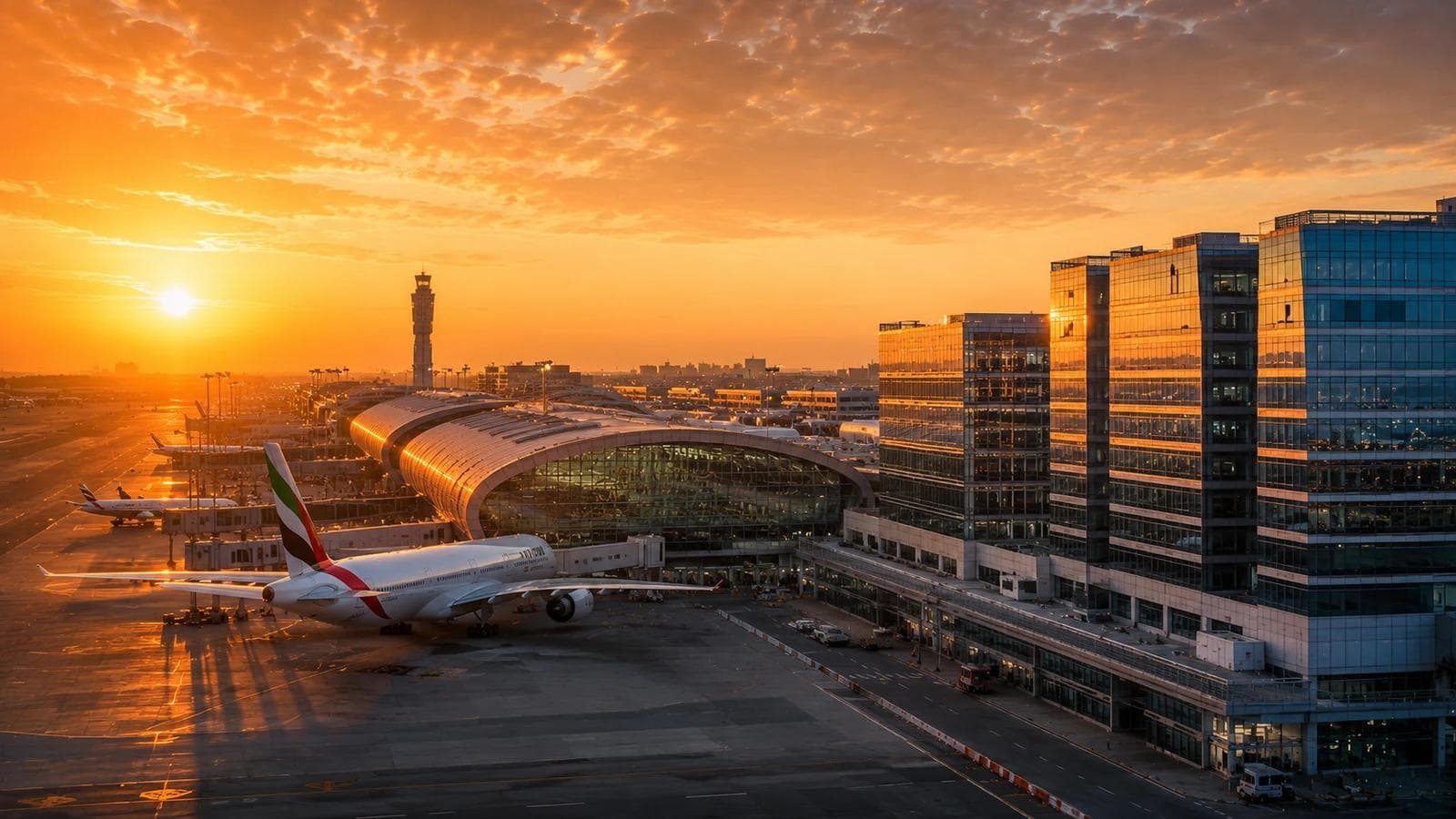 DAFZA office towers next to Dubai International Airport at golden hour