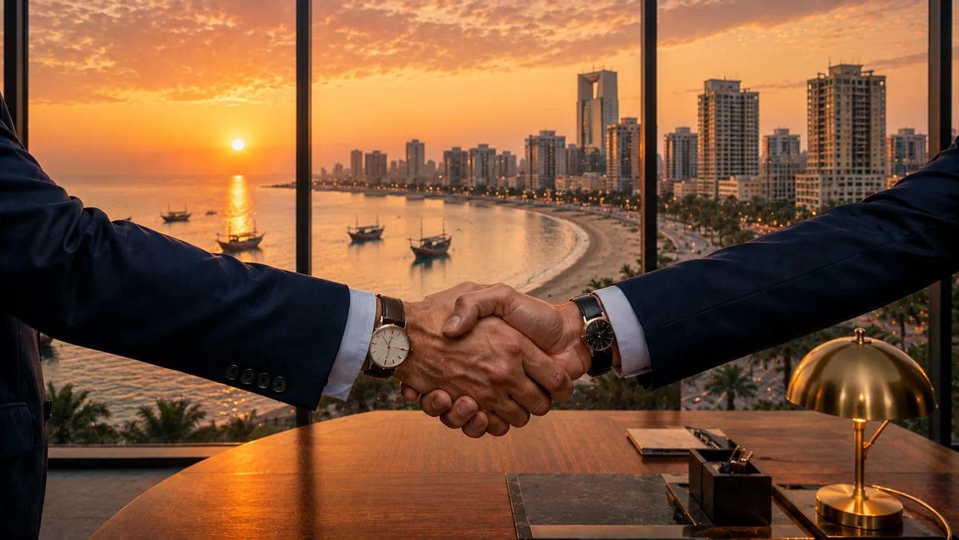 Handshake closing an Ajman mainland company formation engagement with the Ajman Corniche and Kempinski Hotel behind
