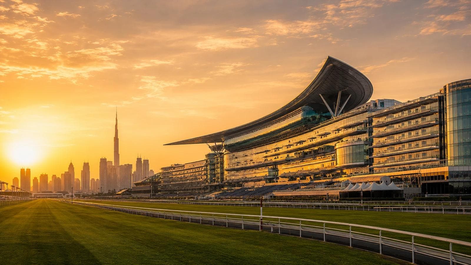 Meydan Hotel and racecourse complex in Dubai at golden hour