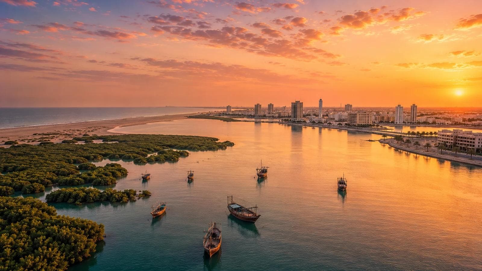 Umm Al Quwain coastline at golden hour with the UAQ lagoon, mangrove forests and traditional pearl-fishing dhows