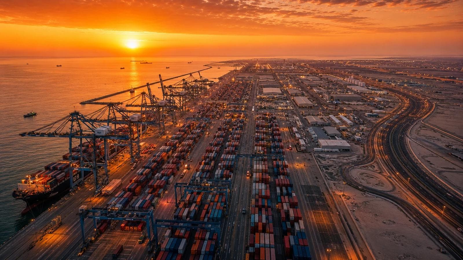 KEZAD industrial and logistics zone in Abu Dhabi at golden hour