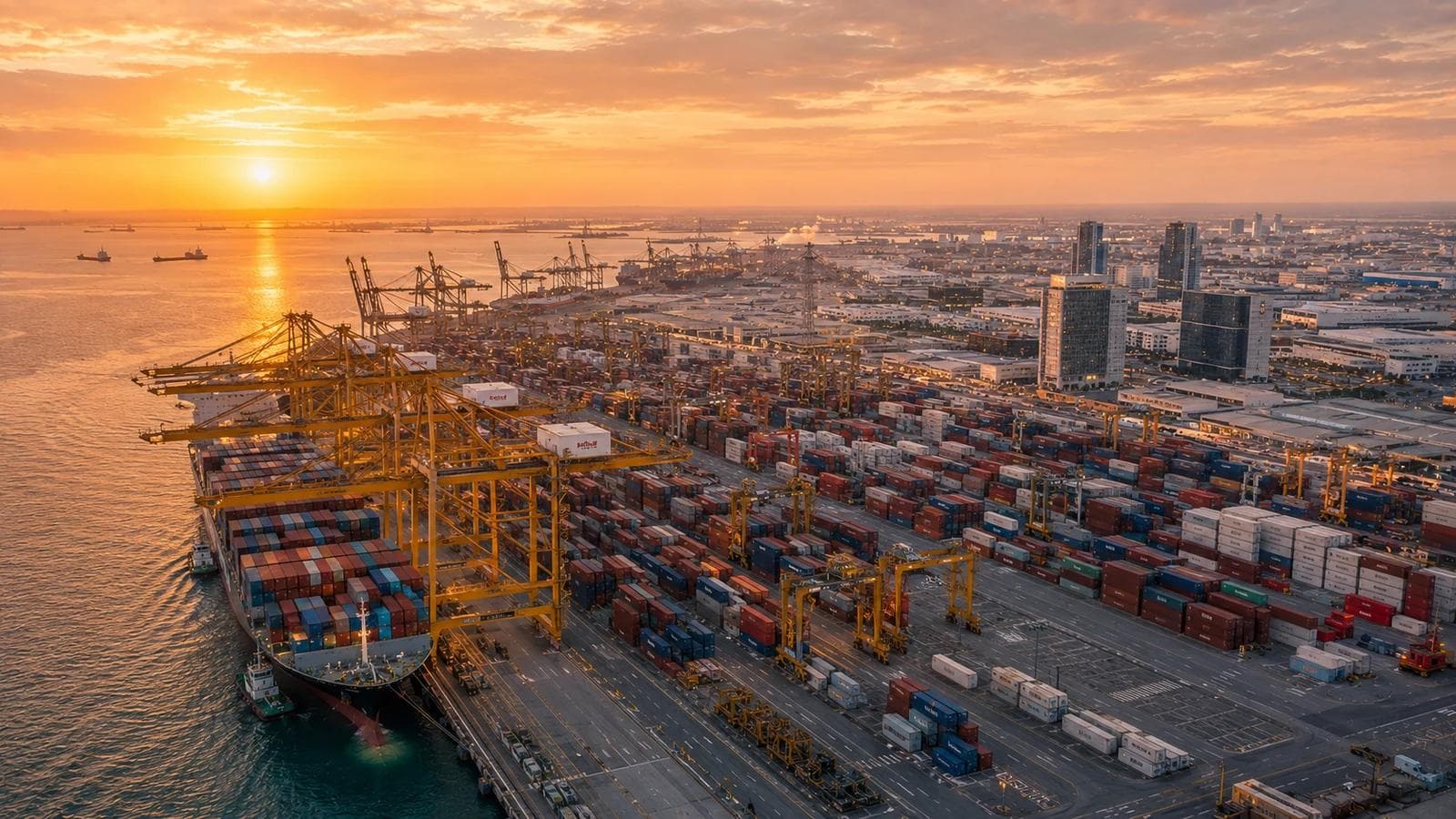 Jebel Ali port and JAFZA logistics terminals at golden hour